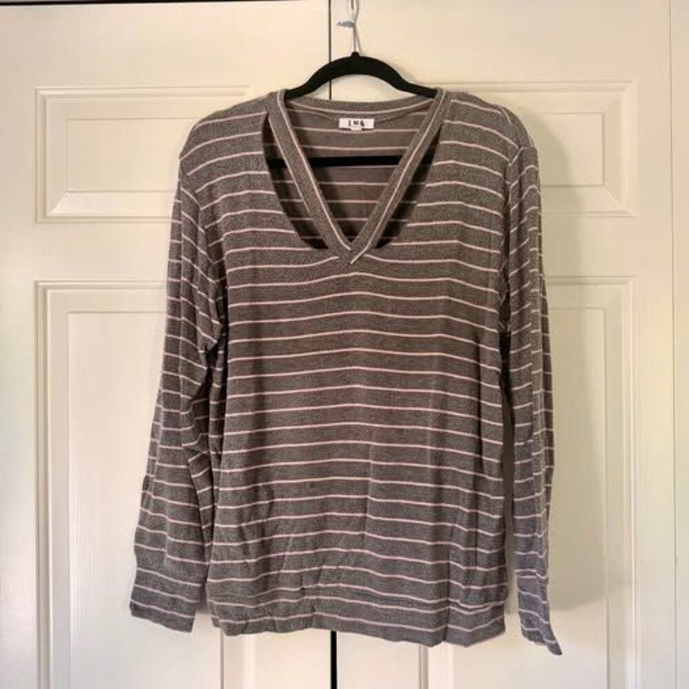 LNA Gray & Blush Pink Striped Cutout V-Neck Knit Top — Size L